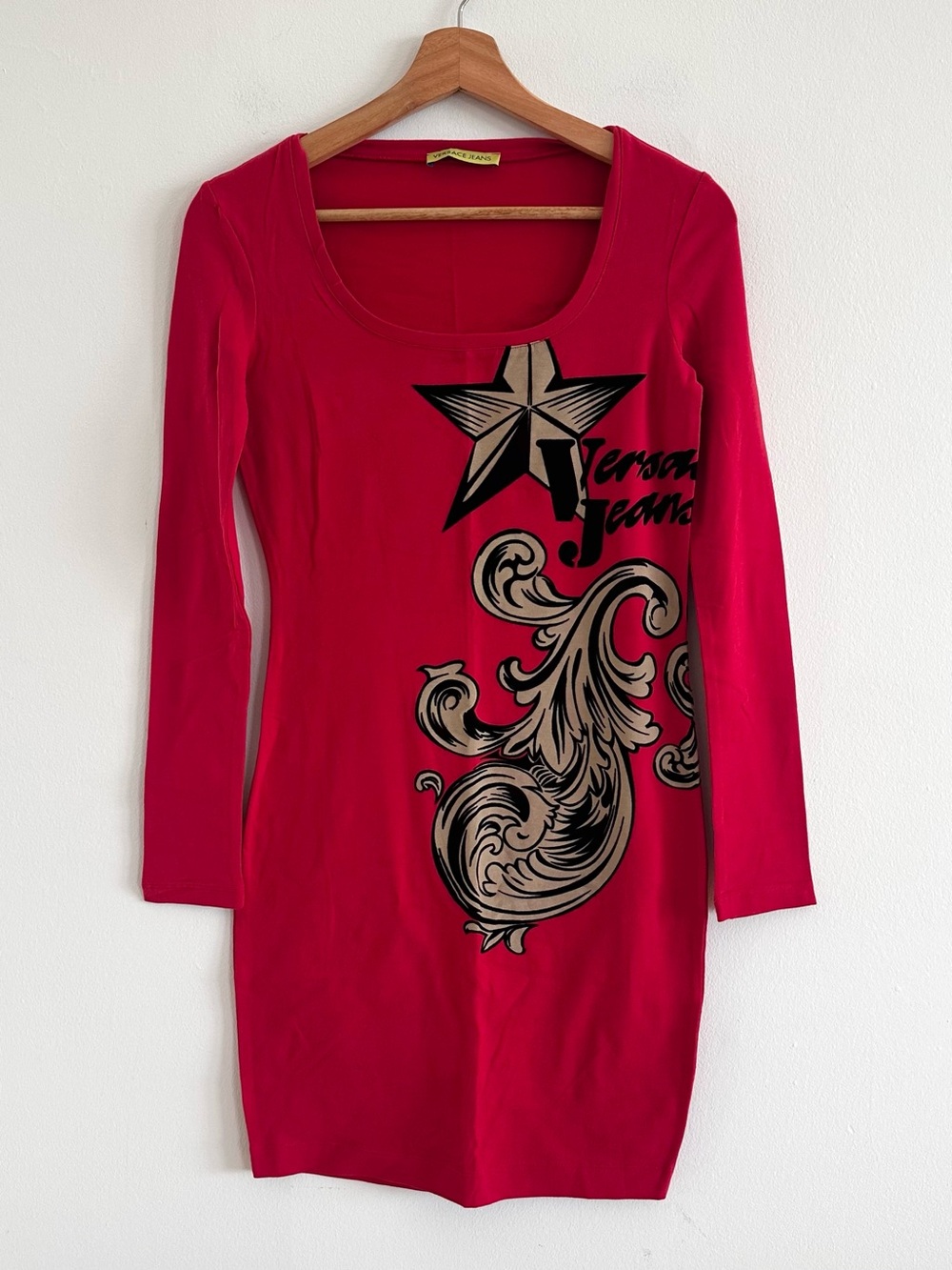 Versace Jeans Y2K Red Bodycon Dress Star Baroque Graphic Print Long Sleeve XS